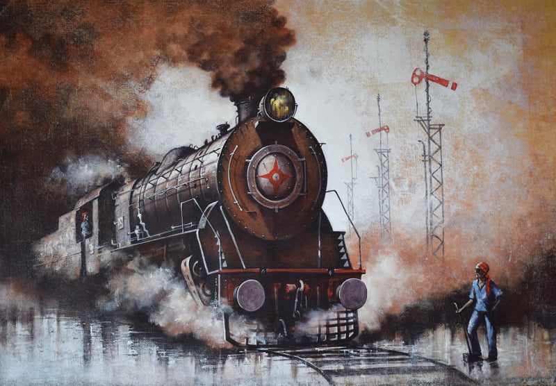 'Locomotives 5' transportation acrylic painting by artist Kishore Pratim Biswas, 33x48 inch, on canvas