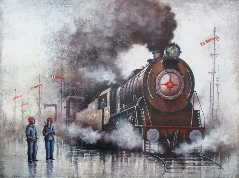 'Locomotives 6' transportation acrylic painting by artist Kishore Pratim Biswas, 33x44 inch, on canvas