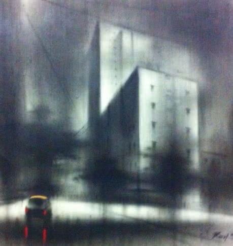 Cityscape charcoal drawing titled 'Lonely Car', 18x24 inches, by artist Ravi Sthul on Canvas