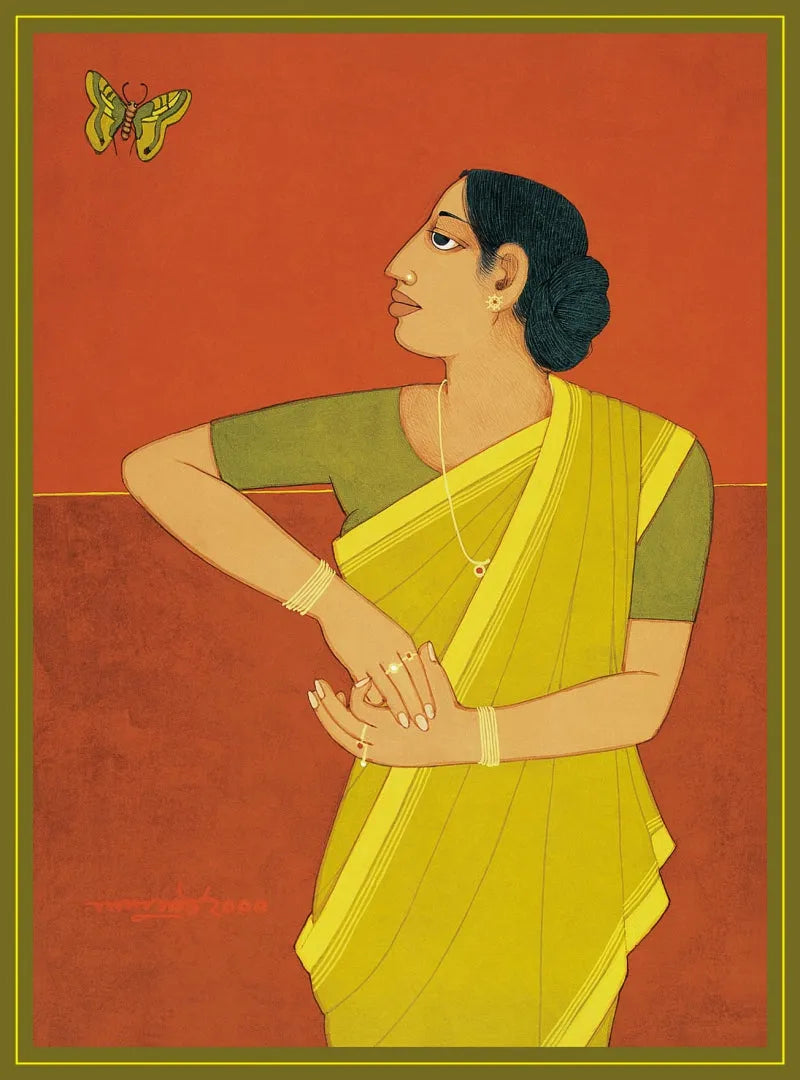 Figurative serigraphs painting titled 'Looking At Butterfly', 30x22 inch, by artist Lalu Prasad Shaw on Paper