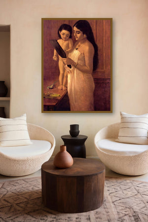 Looking Into The Mirror (Reflections in the Mirror) by artist Raja Ravi Varma displayed in a Modern gallery