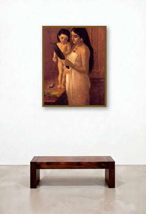 Looking Into The Mirror (Reflections in the Mirror) by artist Raja Ravi Varma displayed in a Urban Loft Hallway