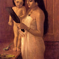 Figurative oil painting titled 'Looking Into The Mirror', 36x21 inches, by artist Raja Ravi Varma Reproduction on Canvas