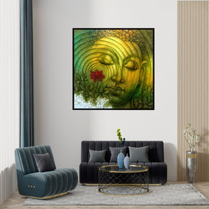 Preview of 'Lord Buddha (Buddha in Concentric Circles)' Painting by Prince Chand shown on a wall in a furnished room.