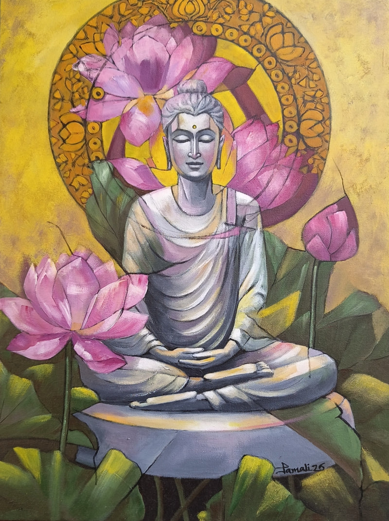 Lord Buddha' religious acrylic painting by artist Tamali Das, 24x18 inch, on canvas