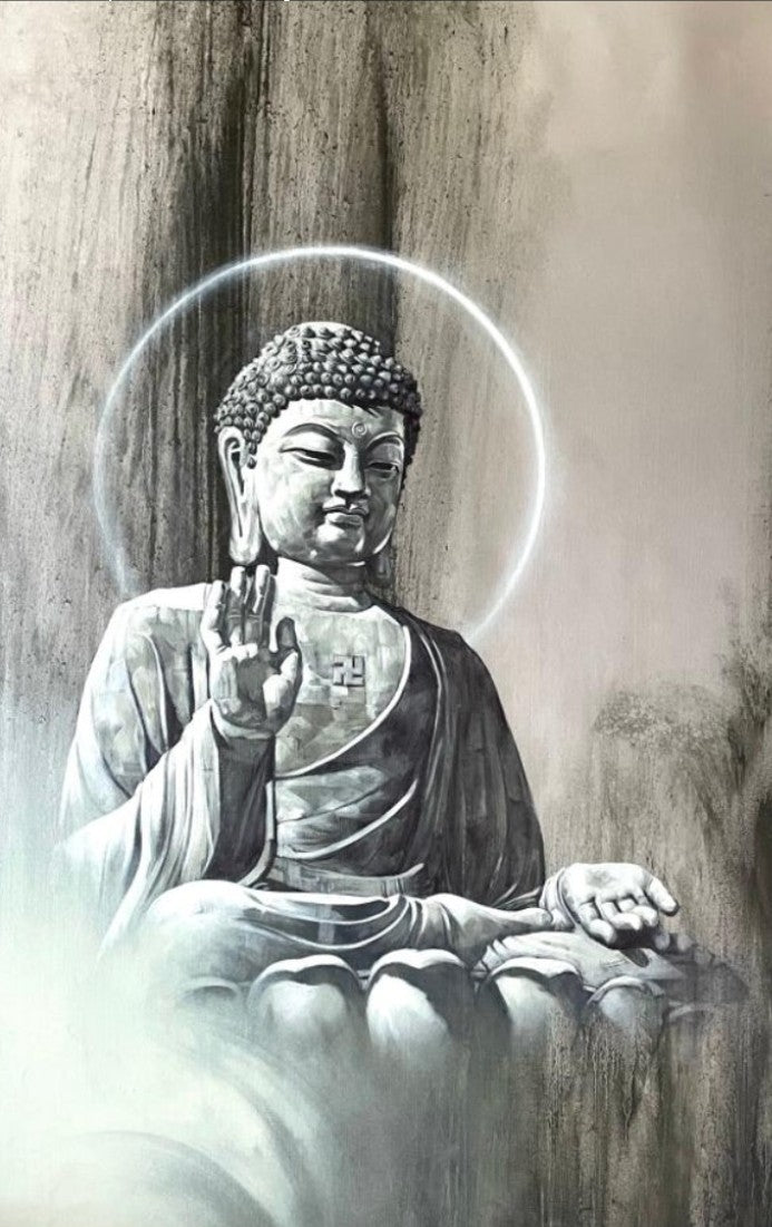 Lord Buddha 3' religious oil painting by artist Namdev M Patil, 60x35 inch, on canvas