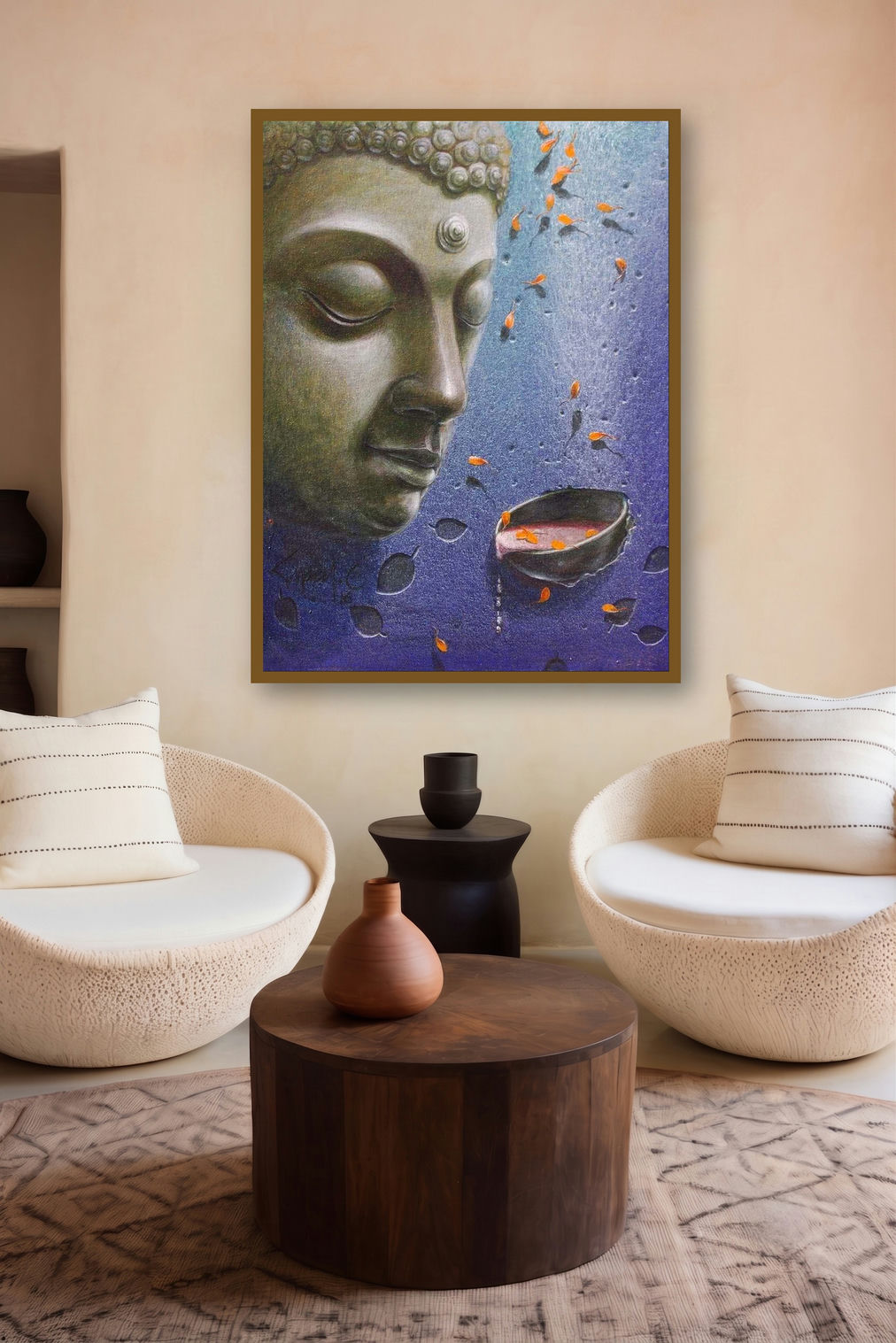 Lord Buddha (Buddha with Petals) by artist Gopal Chowdhury displayed in a Luxury gallery