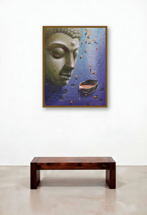 Lord Buddha (Buddha with Petals) by artist Gopal Chowdhury displayed in a Mid-Century Modern Hotel Suite