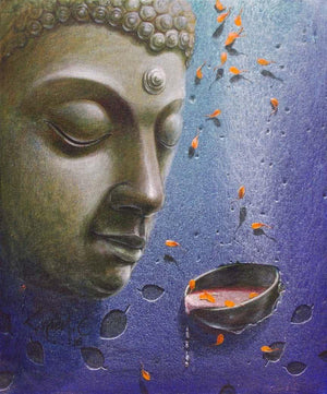 Lord Buddha (Buddha with Petals) by Gopal Chowdhury, Original Acrylic Religious Painting on Canvas, Small Vertical Wall Art