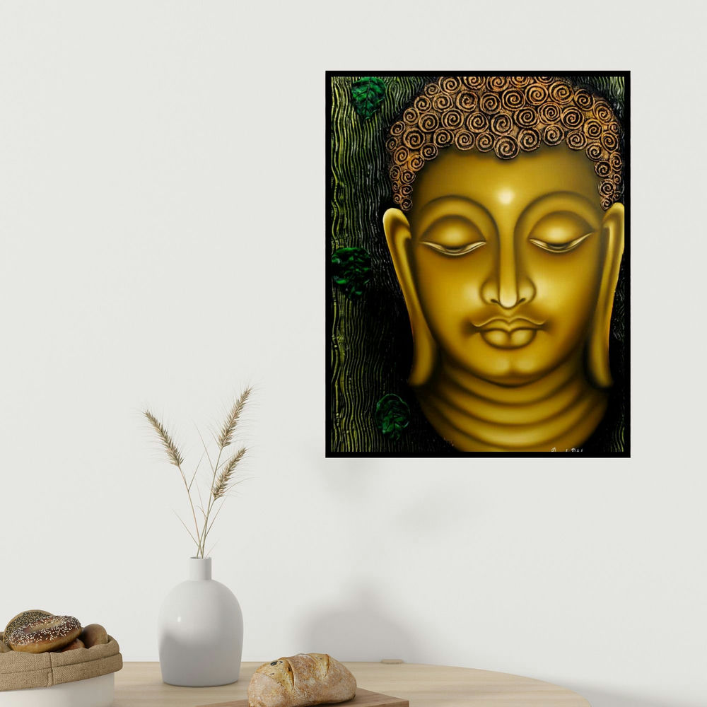 Ramesh's 'Lord Buddha Painting' painting visualized above a sofa in a contemporary room.