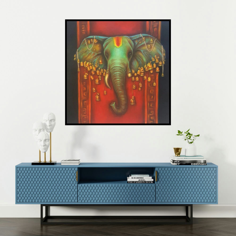 'Lord Ganapati (The Bell-Adorned One)' painting by Sonia Kumar shown on a wall in a furnished room.