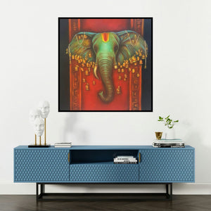 'Lord Ganapati (The Bell-Adorned One)' painting by Sonia Kumar shown on a wall in a furnished room.