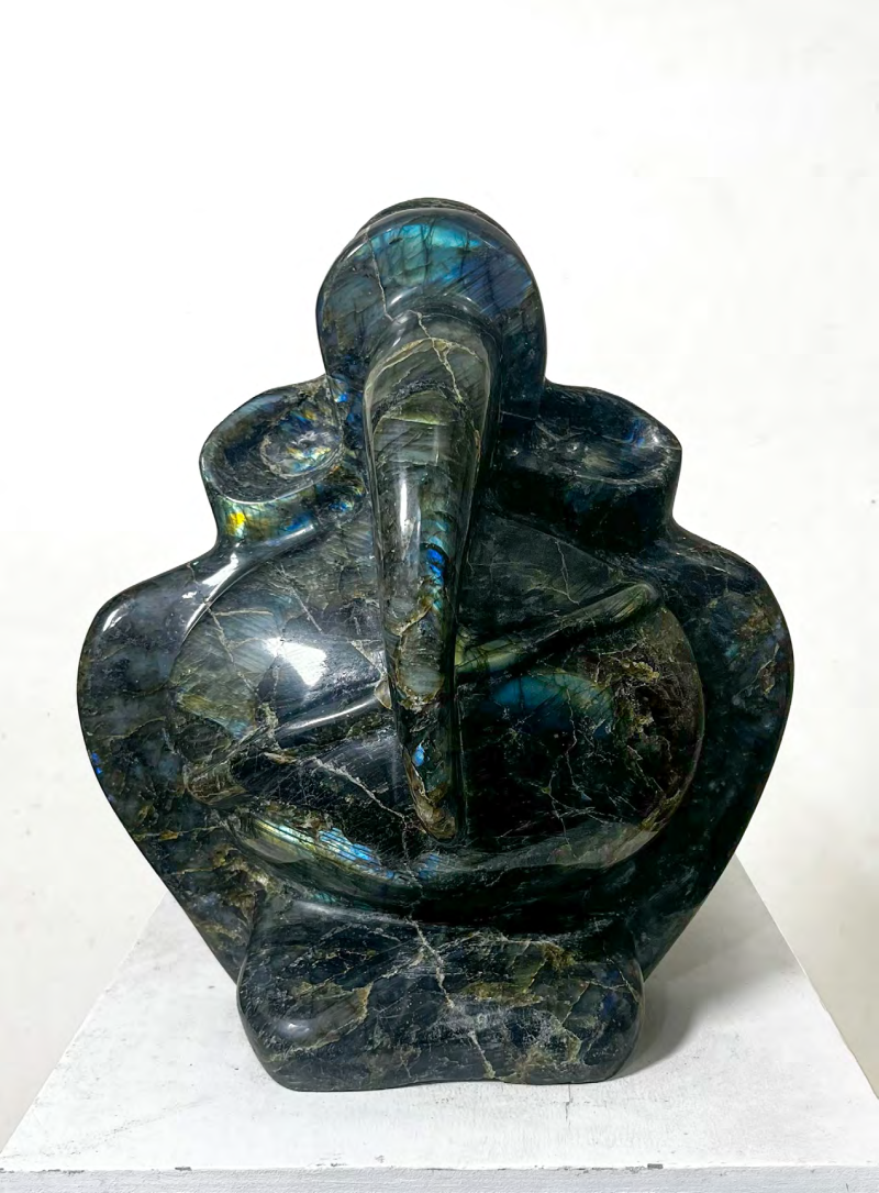 Lord Ganesha 14' religious Labradorite Gemstone sculpture by artist Rambali Prajapati, 13x12 inch, on labradorite gemstone