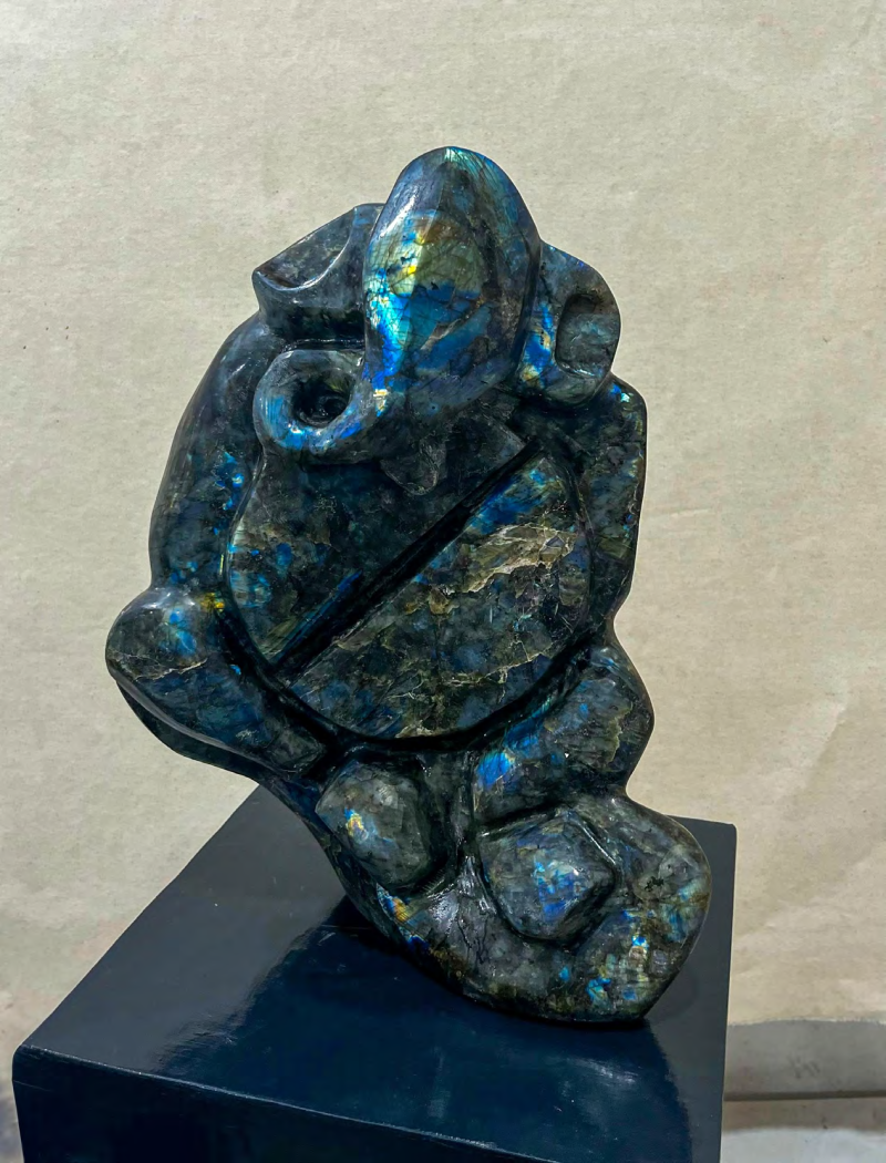 Lord Ganesha 15' religious Labradorite Gemstone sculpture by artist Rambali Prajapati, 16x11 inch, on labradorite gemstone