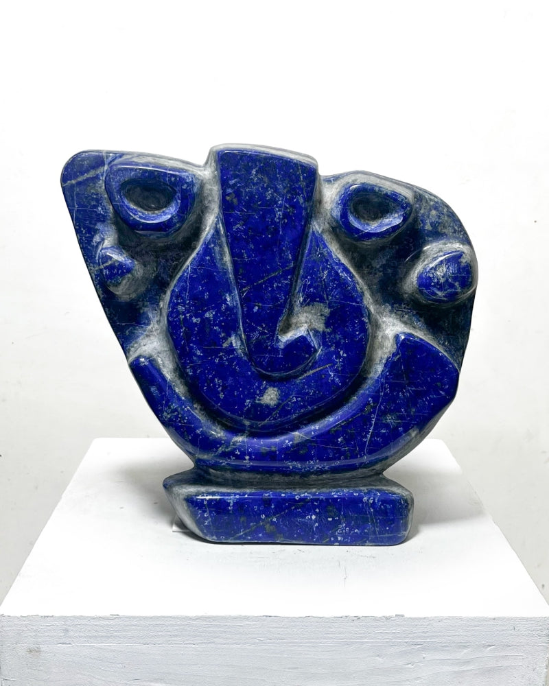 Lord Ganesha 16' religious Lapis Lazuli sculpture by artist Rambali Prajapati, 11x10 inch, on lapis lazuli