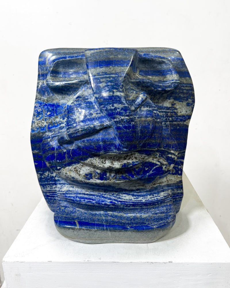 Lord Ganesha 17' religious Lapis Lazuli sculpture by artist Rambali Prajapati, 11x11 inch, on lapis lazuli
