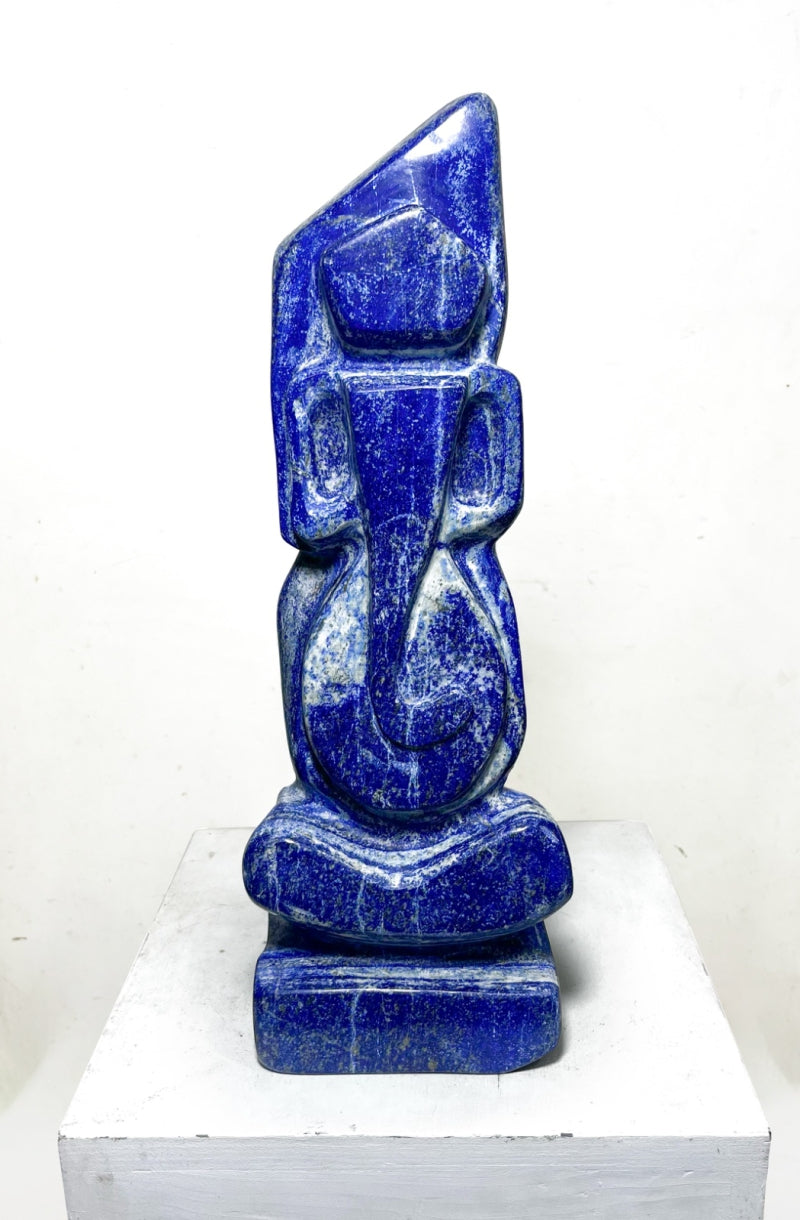 Lord Ganesha 18' religious Lapis Lazuli sculpture by artist Rambali Prajapati, 17x6 inch, on lapis lazuli