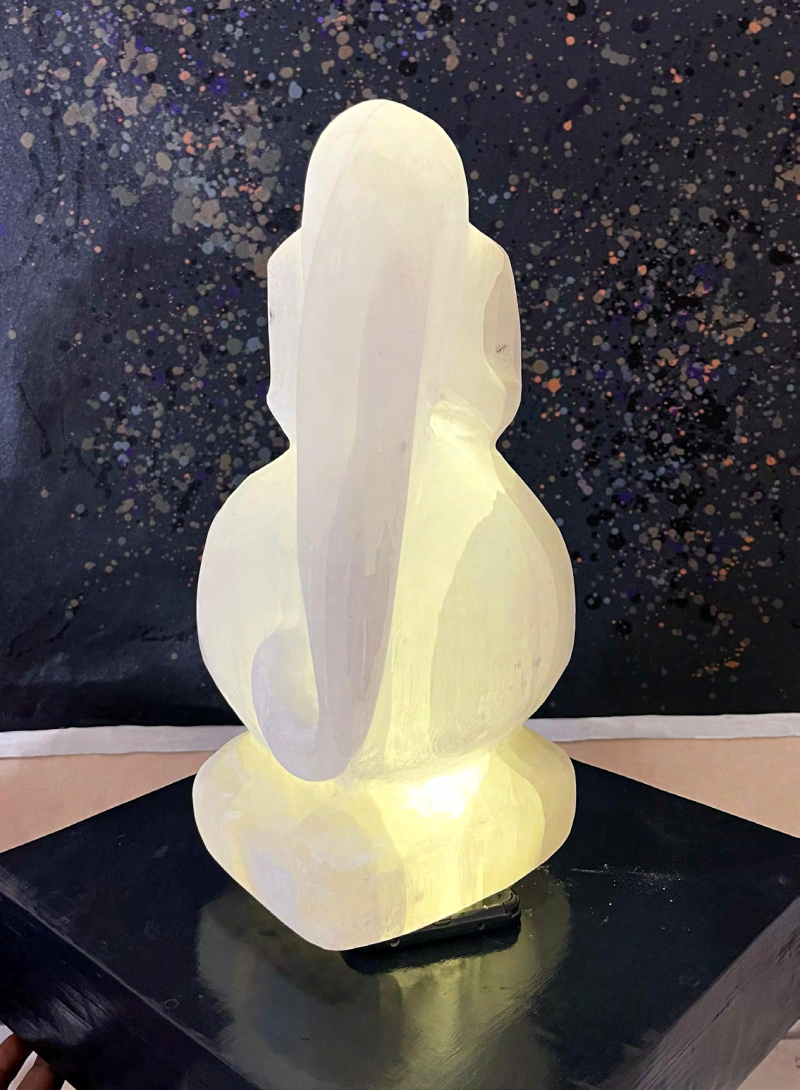 Lord Ganesha 19' religious Selenite Gemstone sculpture by artist Rambali Prajapati, 14x8 inch, on selenite gemstone