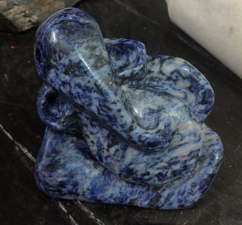 Lord Ganesha 20' religious Sodalite Gemstone sculpture by artist Rambali Prajapati, 7x8 inch, on sodalite gemstone
