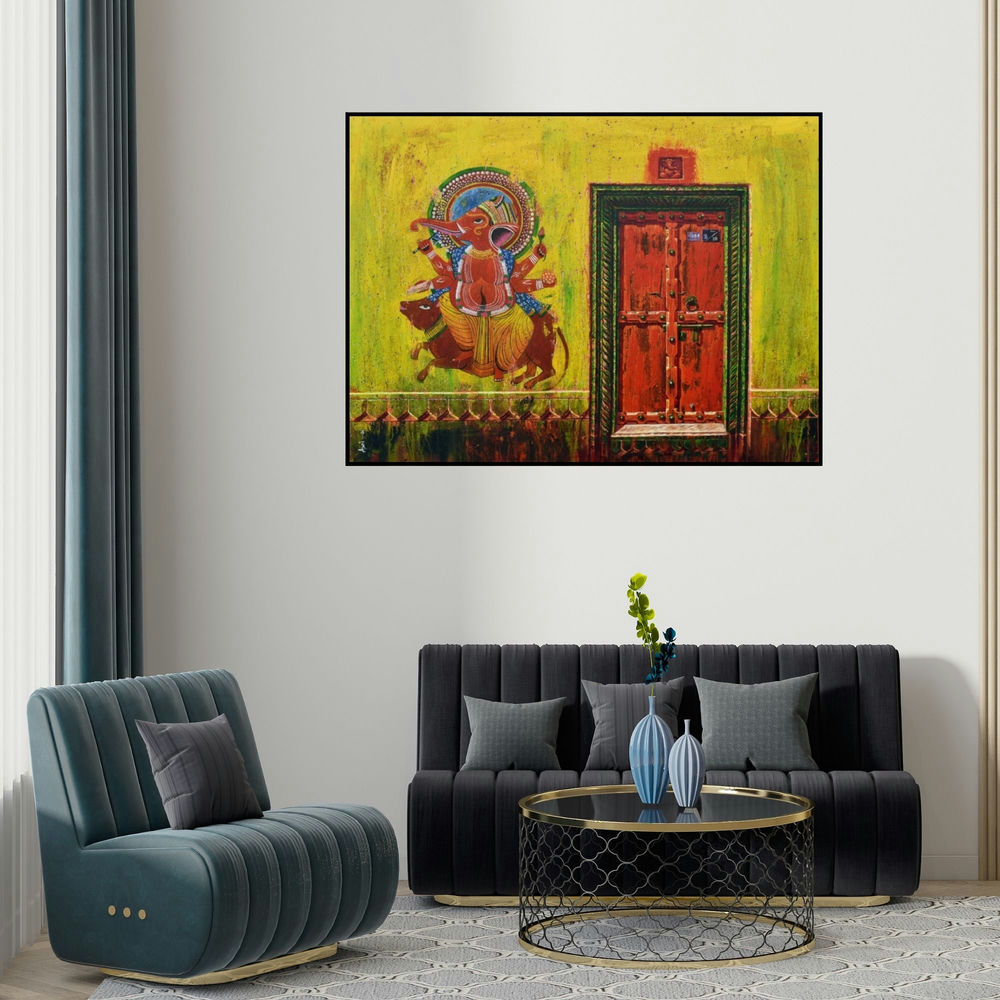 Anil Kumar Yadav's 'Lord Ganesha (Divine Protection)' painting visualized above a sofa in a contemporary room.