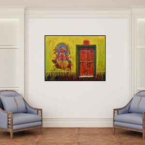 'Lord Ganesha (Divine Protection)' painting by Anil Kumar Yadav shown on a wall in a furnished room.