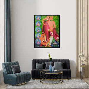 Preview of 'Lord Ganesha (The Blessing of the Divine)' Painting by Deepali Mundra shown on a wall in a furnished room.