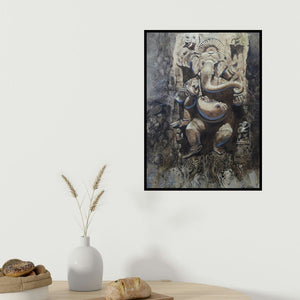 Atul Gendle's 'Lord Ganesha (Ancient Echoes)' painting visualized above a sofa in a contemporary room.