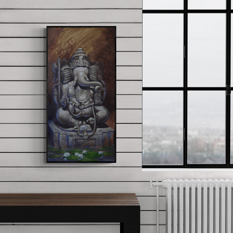 Preview of 'Lord Ganesha (Serene Presence)' Painting by Atul Gendle shown on a wall in a furnished room.