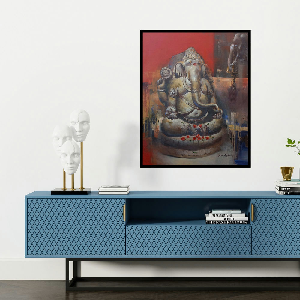 'Lord Ganesha (Ganesha Idol) (Ganesha Crimson Sanctuary)' painting by Atul Gendle shown on a wall in a furnished room.