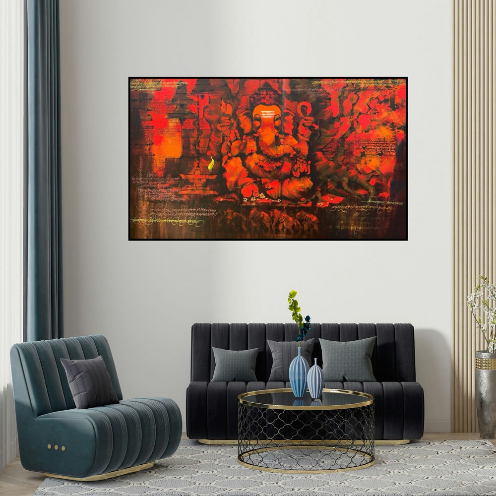 Sandeep Chhatraband's 'Lord Ganesha (Ganesha's Crimson Glow)' painting visualized above a sofa in a contemporary room.