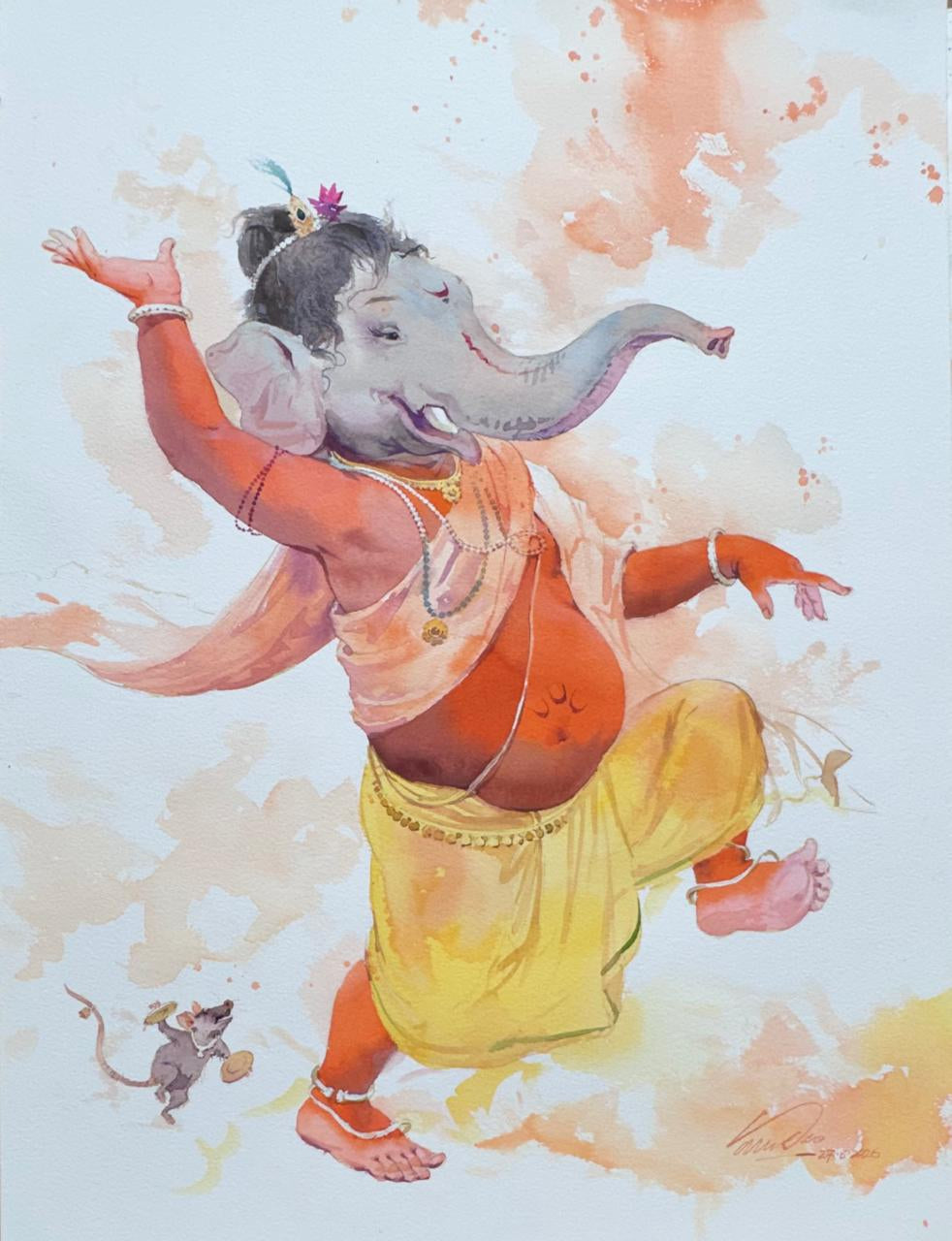 Lord Ganesha' religious watercolor painting by artist Vasudeo Kamath, 24x18 inch, on paper