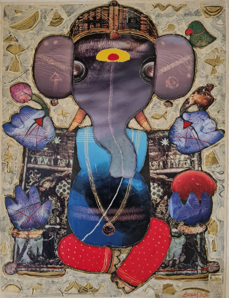 Lord Ganesha' religious mixed-media painting by artist G Subramanian, 24x18 inch, on canvas