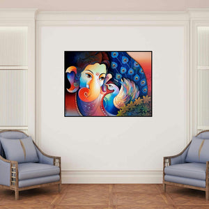 'Lord Ganesha 9 (Ganesha and the Peacock)' painting by Sanjay Tandekar shown on a wall in a furnished room.