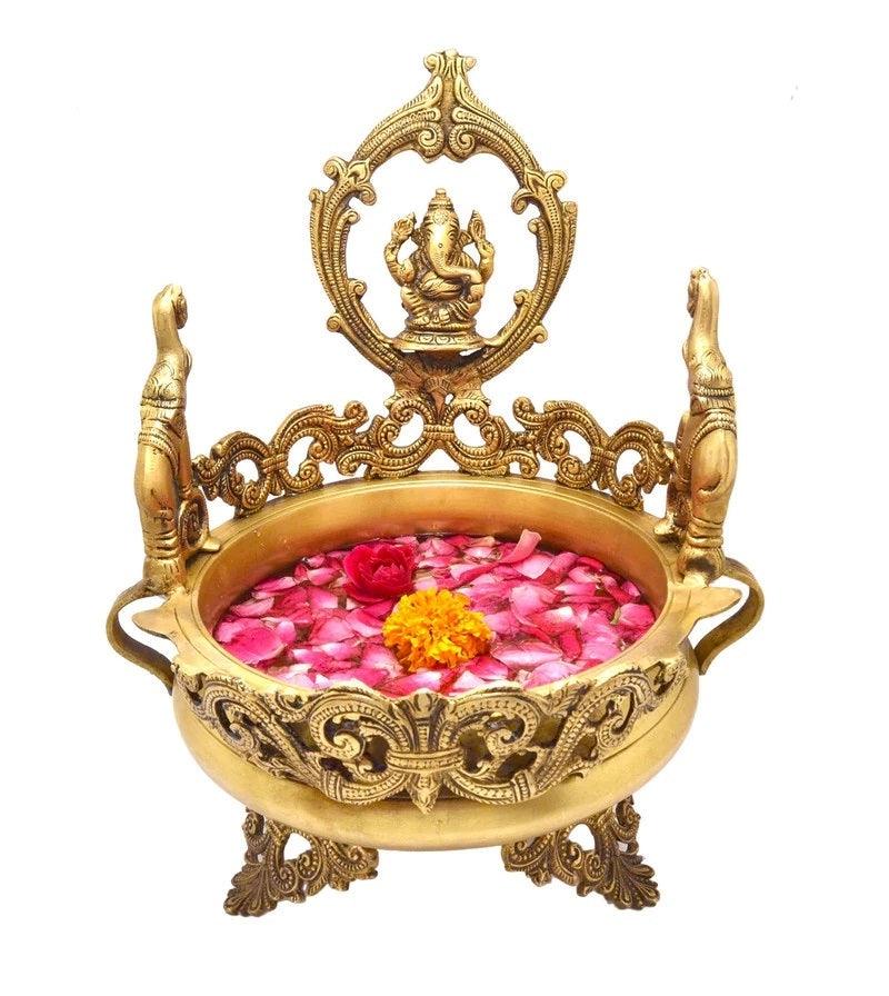 Religious handicraft titled 'Lord Ganesha Design Elephant Urli', 13x11x10 inches, by artist Brass Handicrafts on Brass