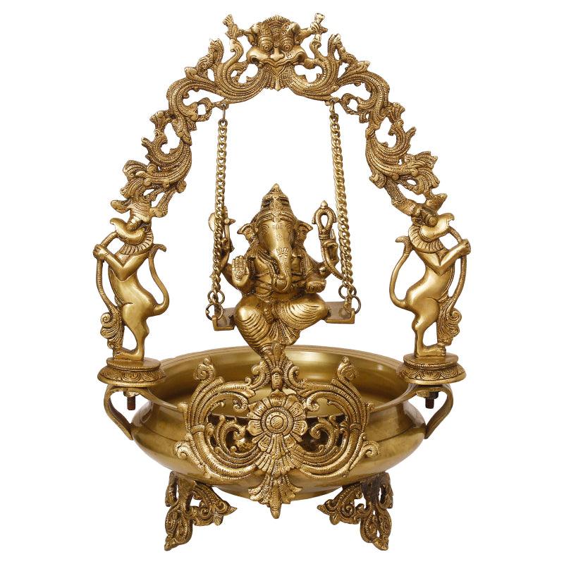 Religious handicraft titled 'Lord Ganesha On Swing Urli', 21x15x12 inches, by artist Brass Handicrafts on Brass
