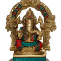 Religious handicraft titled 'Lord Ganesha Sitting On Singhasan', 7x5x3 inches, by artist Brass Handicrafts on Brass