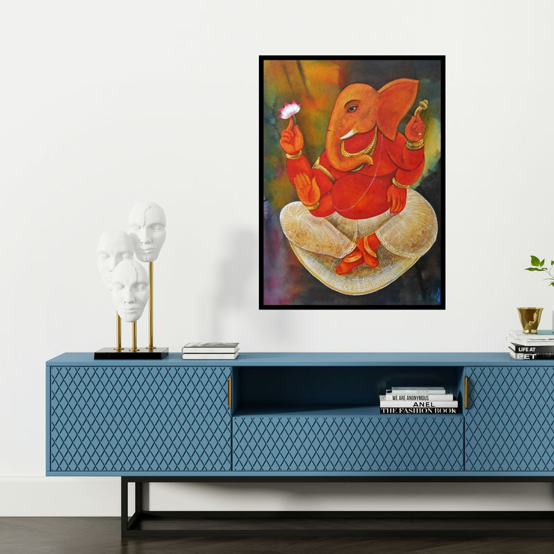 Preview of 'Lord Ganesha (Blessings of Ganesha)' Painting by Suparna Dey shown on a wall in a furnished room.