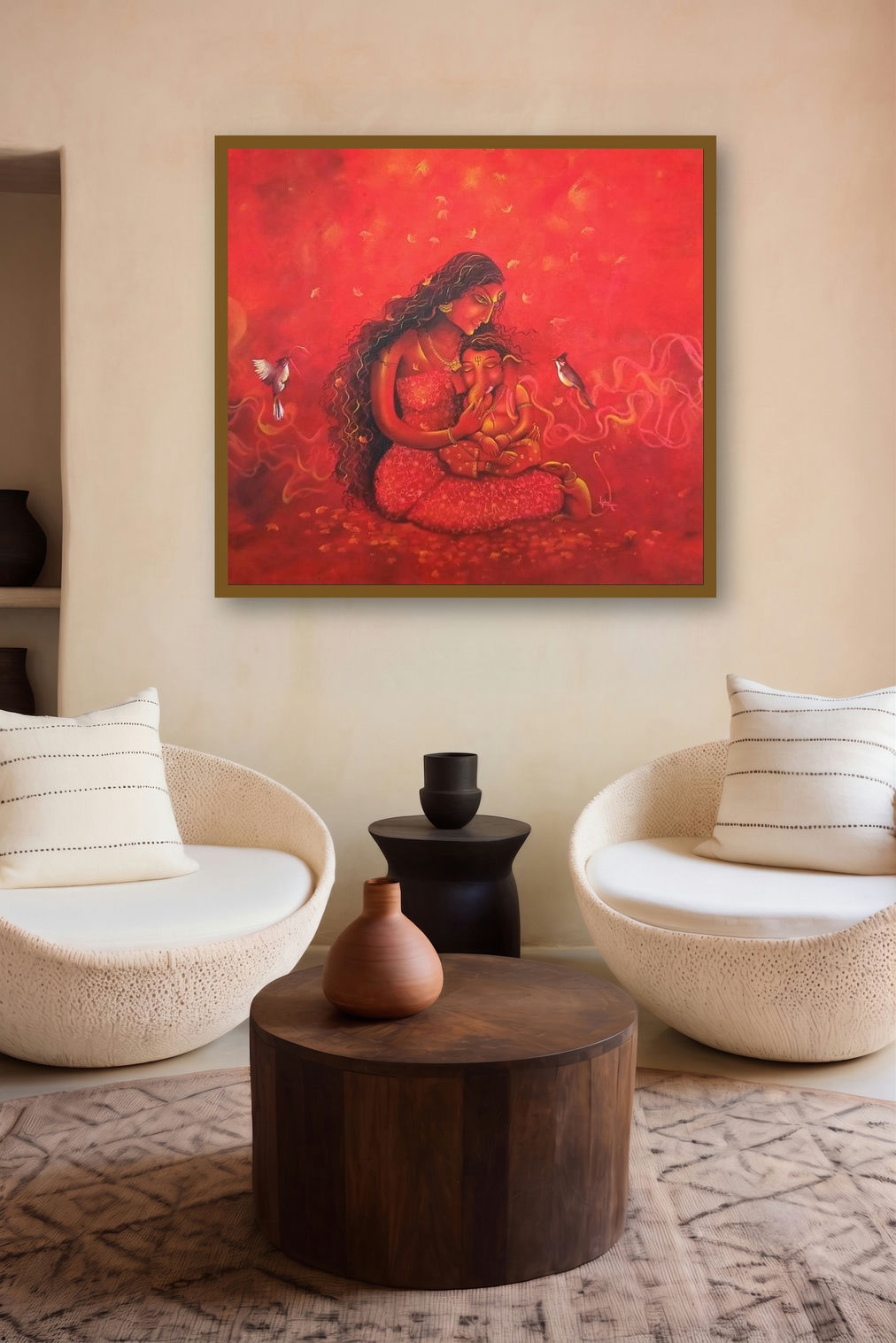 Lord Ganesha With Maa Parvati (Parvati and Ganesha) by artist Lisha N T displayed in a Modern gallery