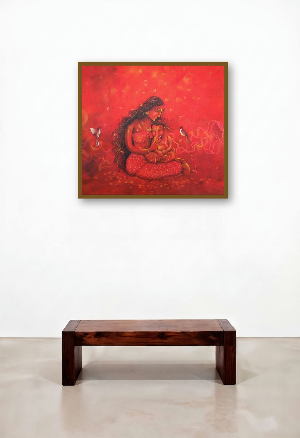 Lord Ganesha With Maa Parvati (Parvati and Ganesha) by artist Lisha N T displayed in a Contemporary Luxury Library