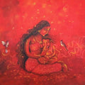 Religious acrylic painting titled 'Lord Ganesha With Maa Parvati', 28x39 inches, by artist Lisha N T on Canvas