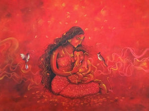Lord Ganesha With Maa Parvati (Parvati and Ganesha) by Lisha N T, Original Acrylic Religious Painting on Canvas, Medium Horizontal Wall Art