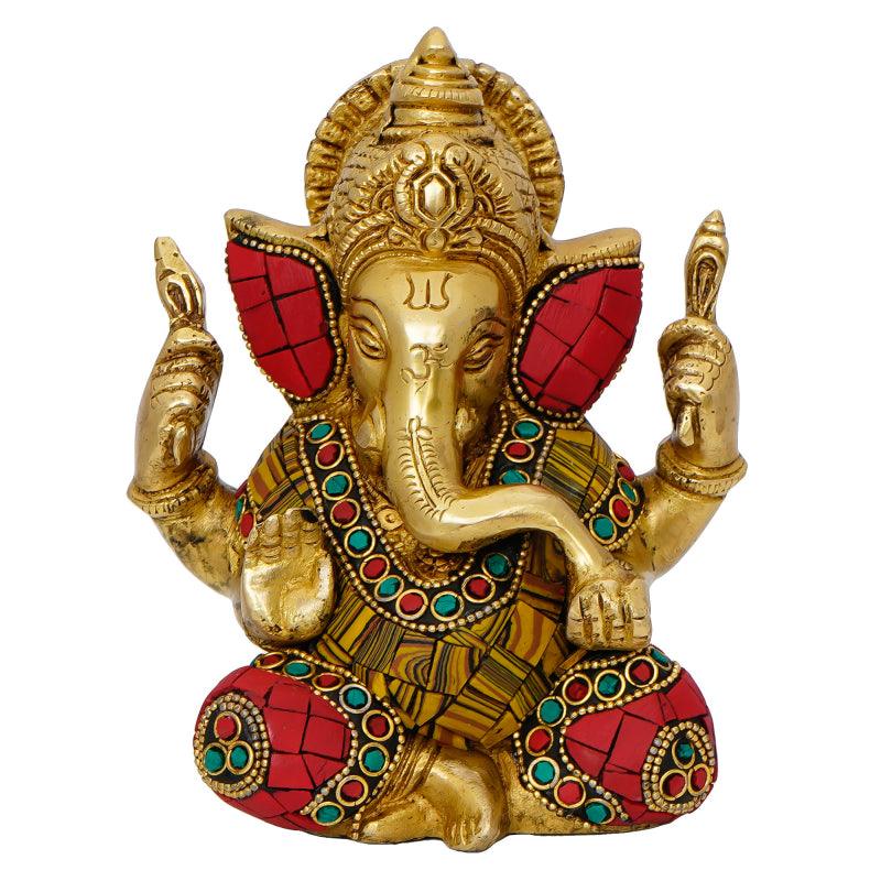 Religious handicraft titled 'Lord Ganesha With Stone Work', 6x4x3 inches, by artist Brass Handicrafts on Brass