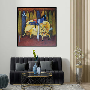 Sujit Giram's 'Lord Krishna (Krishna's Slumber)' painting visualized above a sofa in a contemporary room.