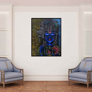 In-situ view of Anil Kumar Vishwakarma's 'Lord Krishna (Divine Love Krishna and the Lotus)' painting in a room