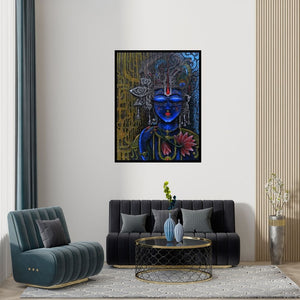 Preview of 'Lord Krishna (Divine Love Krishna and the Lotus)' Painting by Anil Kumar Vishwakarma shown on a wall in a furnished room.