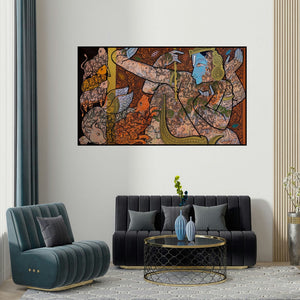 Ramesh Gorjala's 'Lord Krishna (Krishna's Cosmic Dance)' painting visualized above a sofa in a contemporary room.