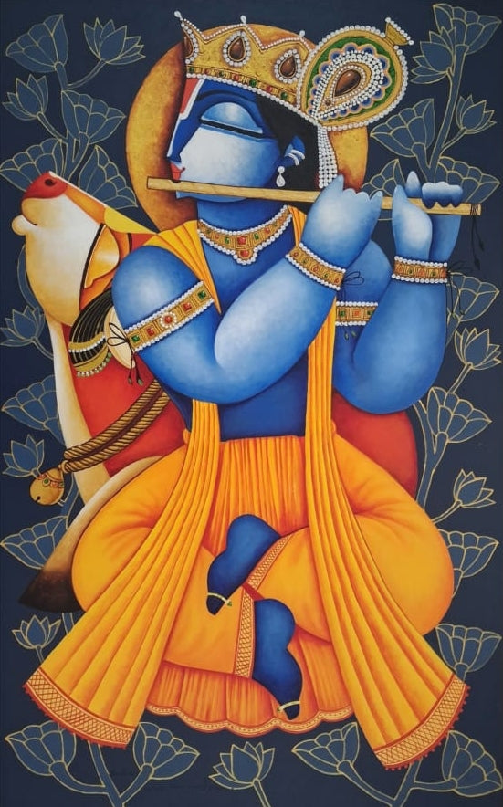 Lord Krishna' religious acrylic painting by artist Arvind R Mahajan, 48x30 inch, on canvas