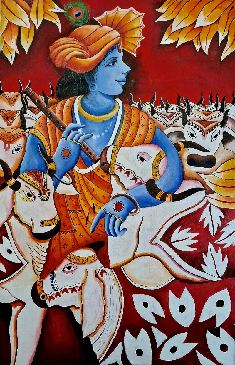 Lord Krishna' animals acrylic painting by artist Anirban Seth, 36x24 inch, on canvas