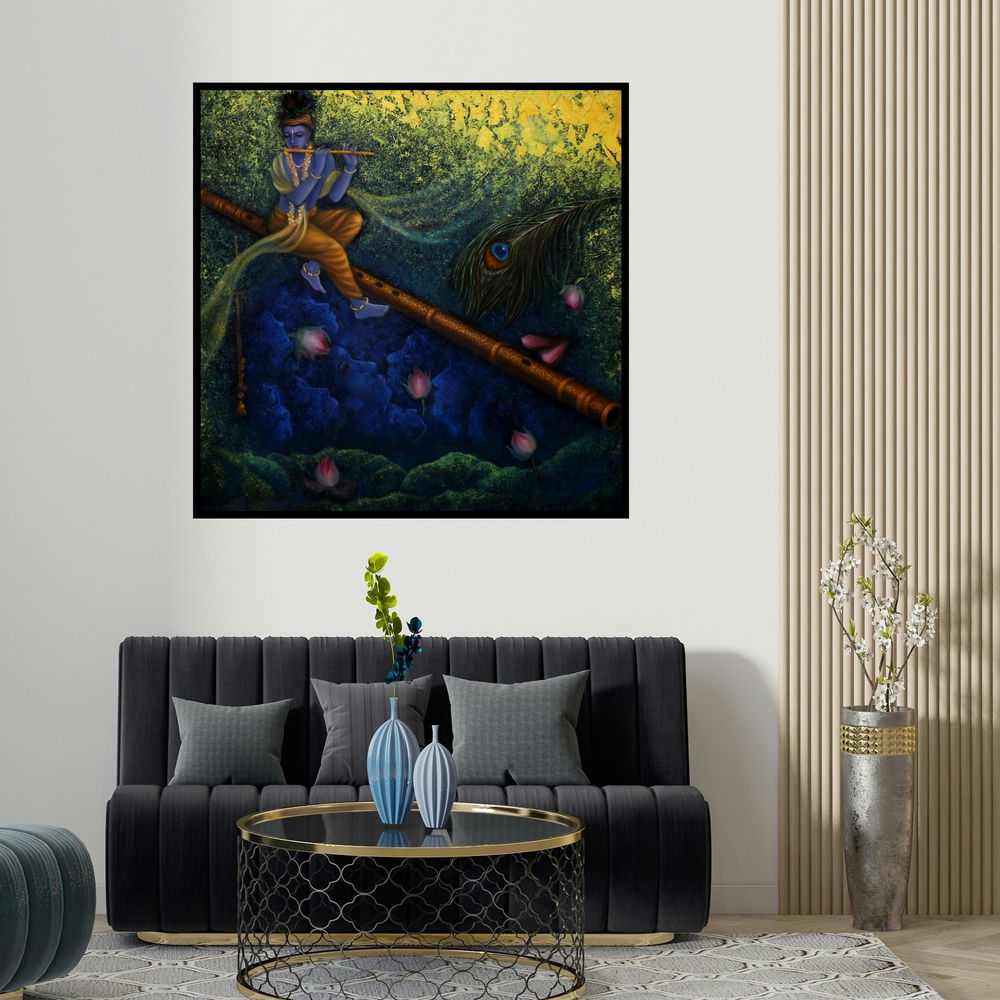 Rakhi Baid's 'Lord Krishna (Nature's Serenade)' painting visualized above a sofa in a contemporary room.