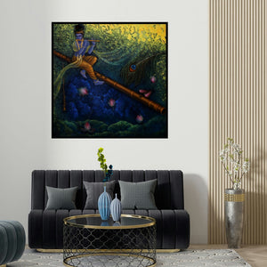 Rakhi Baid's 'Lord Krishna (Nature's Serenade)' painting visualized above a sofa in a contemporary room.